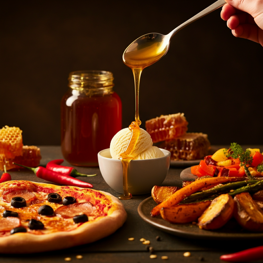 10 Creative Ways to Use Hot Honey in Your Cooking - Hot Honey display of food pizza, chips and ice cream
