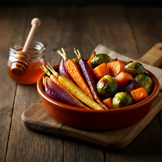 5 Creative Ways to Use Hot Honey in Your Cooking - image of roasted veg in a serving bowl next to bottle of hot honey sauce