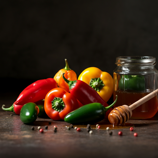 Set of sweet peppers next to jar of hot honey