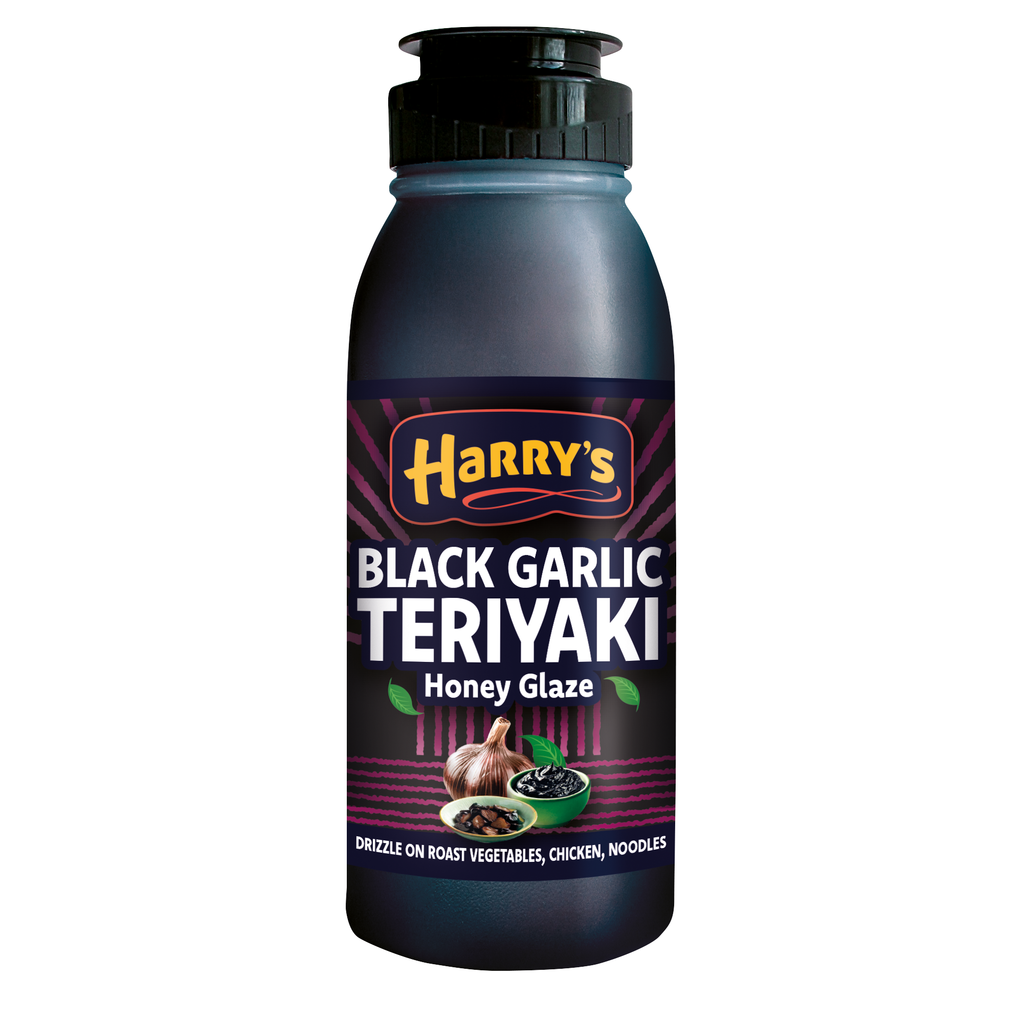 Bottle of Harry's Black Garlic Teriyaki Honey Glaze with labeling that includes an image of black garlic and text suggesting its use on vegetables, chicken, and noodles.