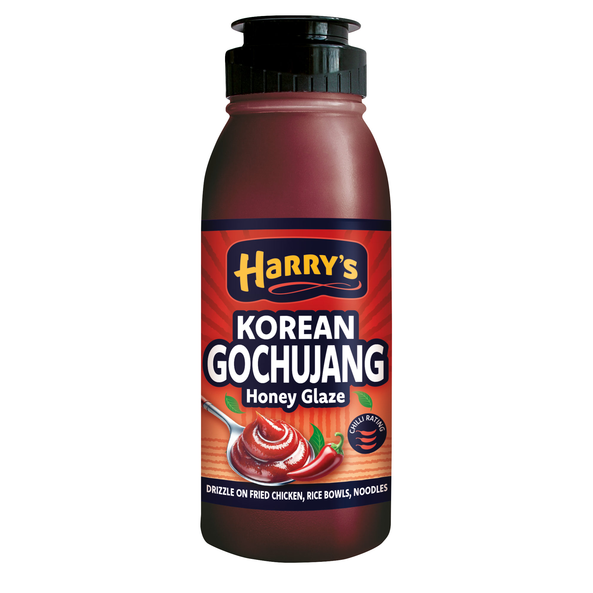 Bottle of Harry's Korean Gochujang Honey Glaze with an illustration of a chicken drumstick and rice bowl on the label, indicating its use on fried chicken, rice bowls, and noodles.