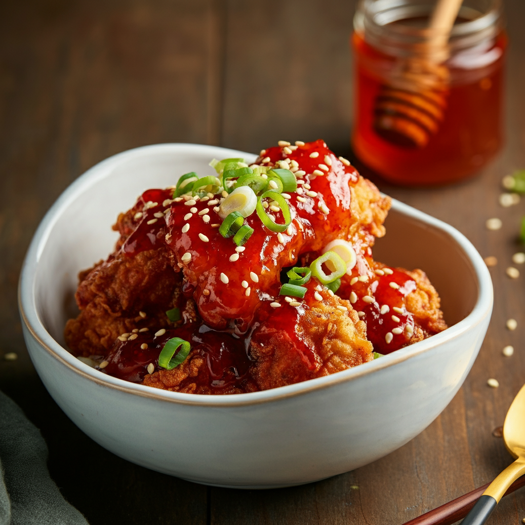Korean Fried Chicken with Sweet & Spicy Gochujang Hot Honey Sauce - served in a white bowl next to hot honey sauce