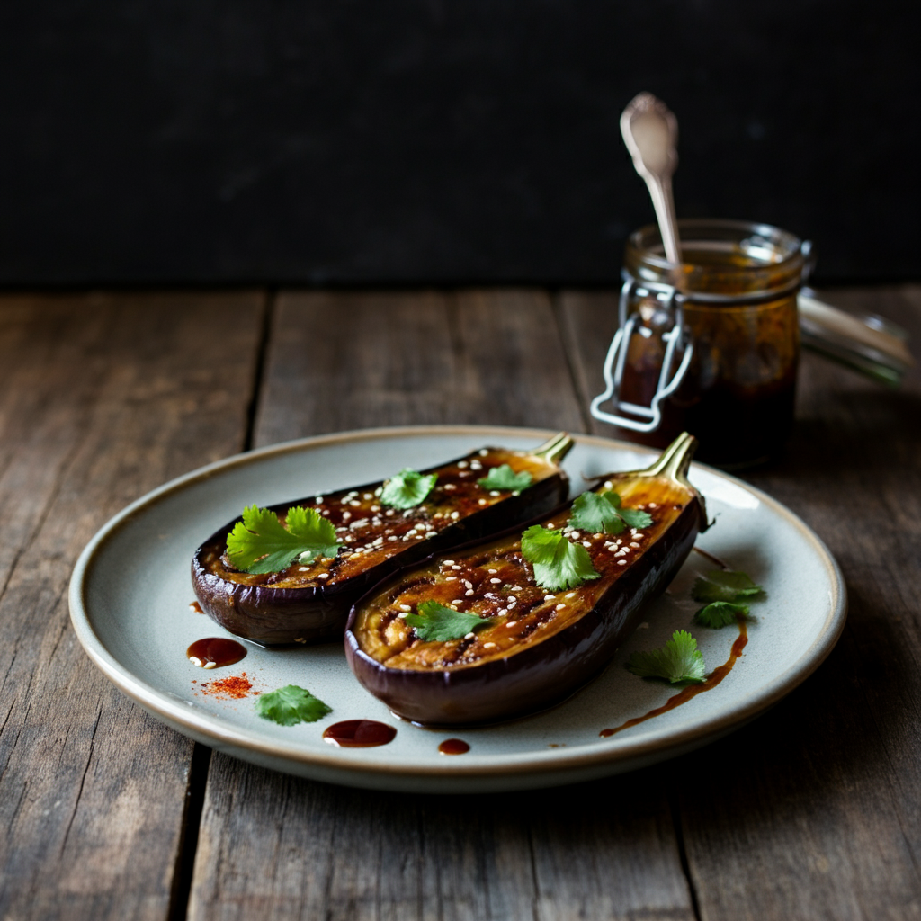 Perfect Roasted Aubergine with Black Garlic Teriyaki Honey Glaze