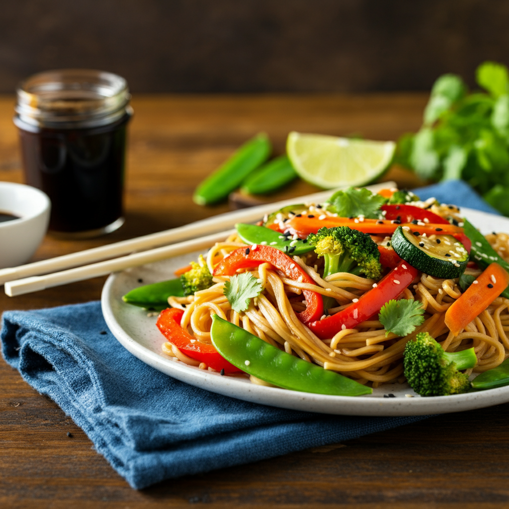 Stir-Fried Noodles with Vegetables and Black Garlic Teriyaki Honey Glaze