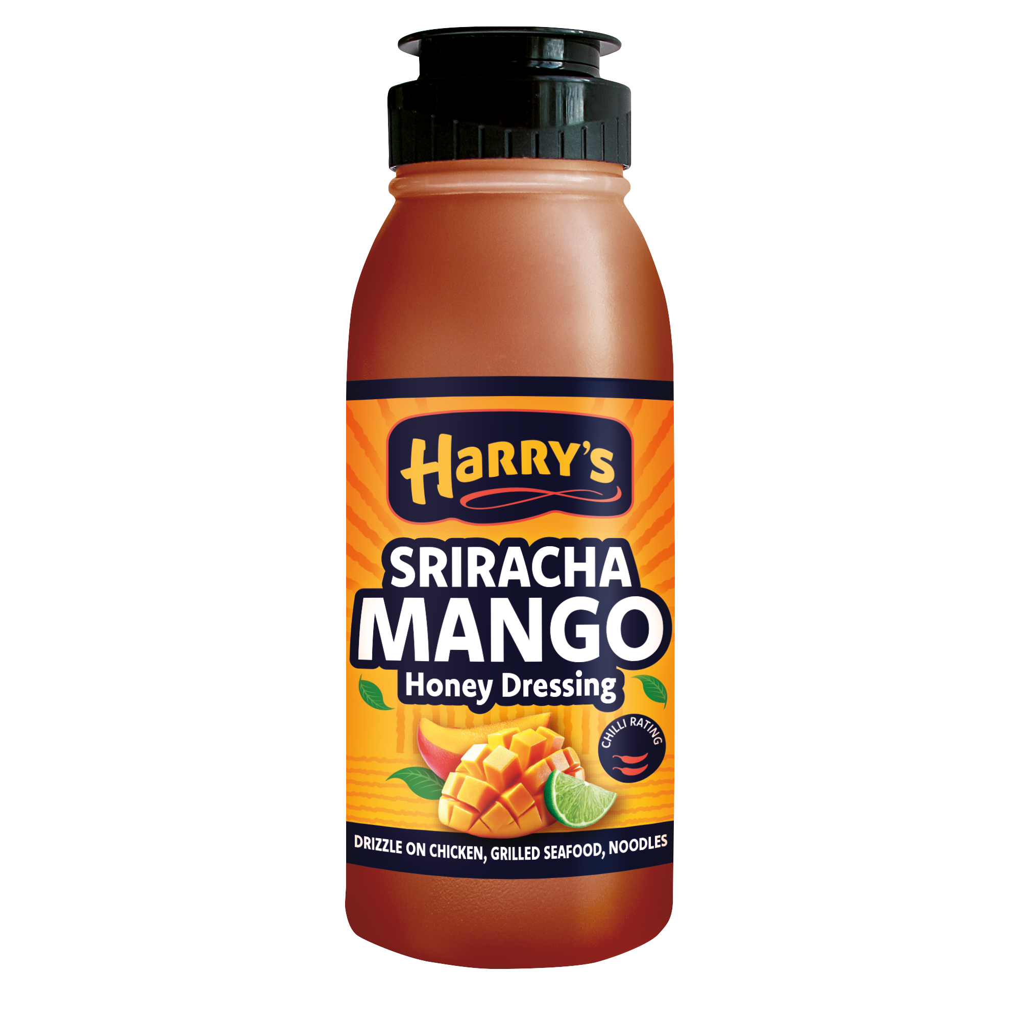Bottle of Harry's Sriracha Mango Honey Dressing with the label clearly showing the product name and the addition of honey to the ingredients.