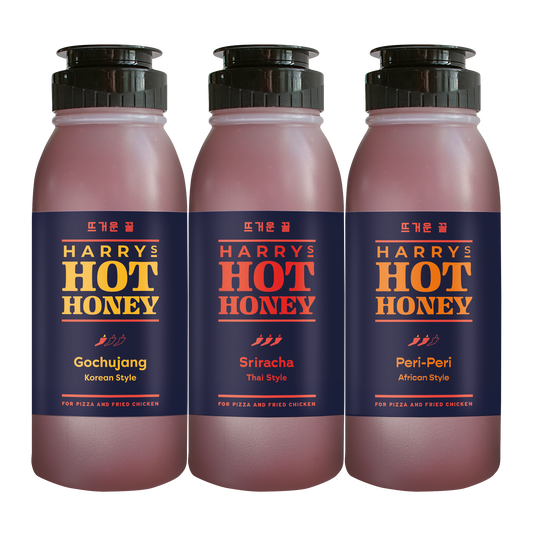 Hot Honey Fusion Trio - 3 Hot Honey Bottles Flavours Gochujang Sriracha and peri peri
